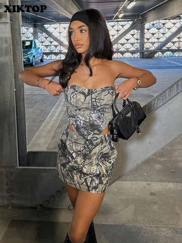 XIKTOP Camouflage Mini Skirt Set Women 2 Pieces Sexy Irregular Off Shoulder Crop Top+Pockets Patchwork Skirt Outfits Y2K Street