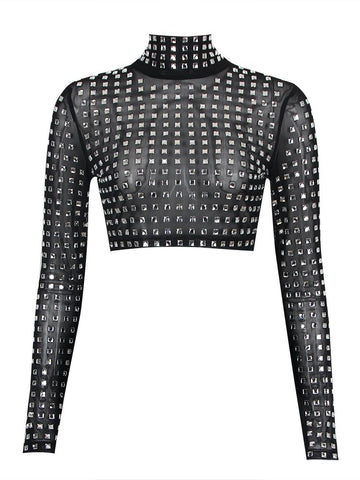 Women Long Sleeve Crop Top Evening Party Crystal Bandage Jacket Elegant Sexy Mesh Birthday Club Outfits 2023 New Fashion