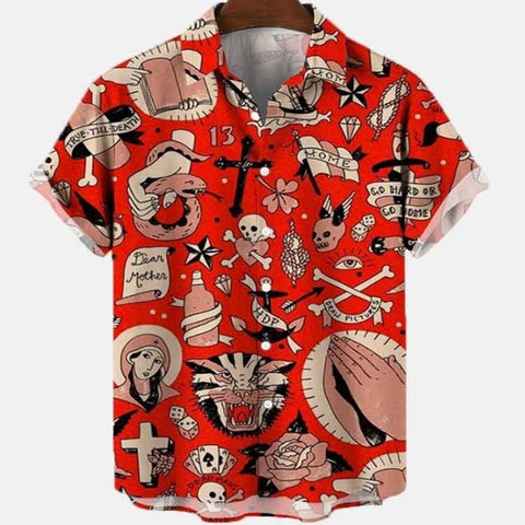 Men&#39;s Summer Dragon Pattern Element Street Costumes Skeleton Luxury Floral Social Casual Masculina Hawaiian Short Sleeve Shirt