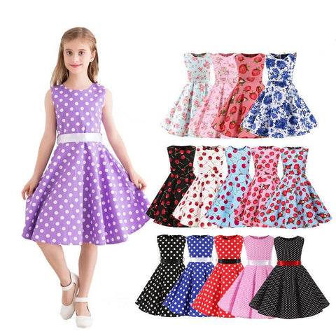 Children Summer Dresses Sleeveless Polka Dot Flower Performance Dress Retro Clothes Big Girls Fashion  Party Vestido Princesa