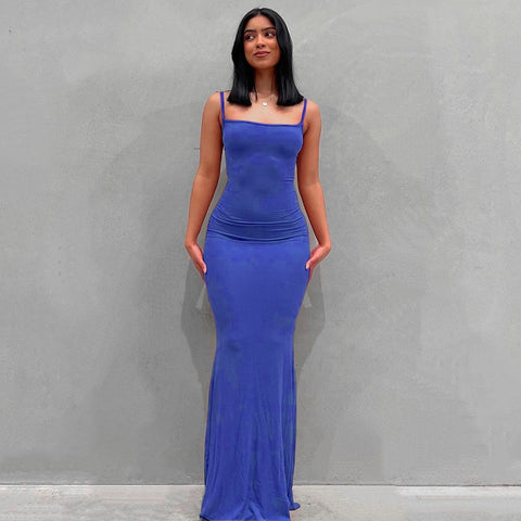 2022 New Summer Spaghetti Strap Black Skims Long Dress Women Sleeveless Solid Skinny Bodycon Trumpet Maxi Dresses Sexy Vestidos