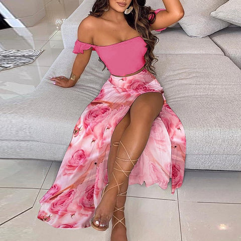 Summer New Women Sexy Slim Two Piece Set Off Shoulder Split Floral Print Crop Tops And Long Skirt Suit Lady Elegant 2 Piece Sets