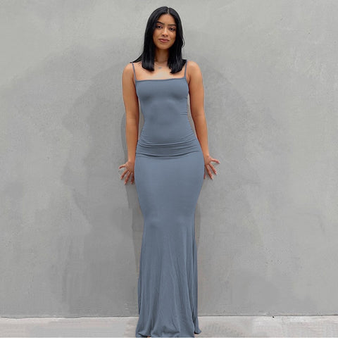 2022 New Summer Spaghetti Strap Black Skims Long Dress Women Sleeveless Solid Skinny Bodycon Trumpet Maxi Dresses Sexy Vestidos