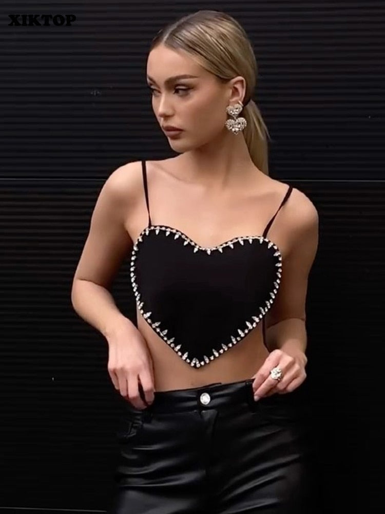 XIKTOP Rhinestone Printed Crop Top Women 2023 Sexy Spaghetti Strap Backless Chest Wrap Y2K Slim Tank Top Stylish Basic Street