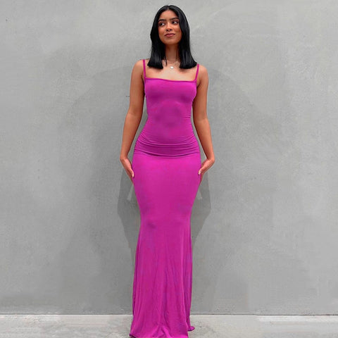 2022 New Summer Spaghetti Strap Black Skims Long Dress Women Sleeveless Solid Skinny Bodycon Trumpet Maxi Dresses Sexy Vestidos