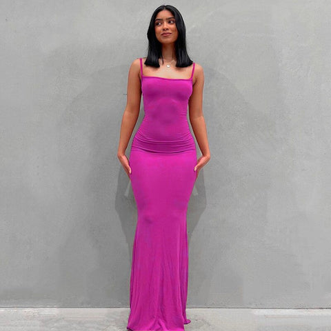 2022 New Summer Spaghetti Strap Black Skims Long Dress Women Sleeveless Solid Skinny Bodycon Trumpet Maxi Dresses Sexy Vestidos