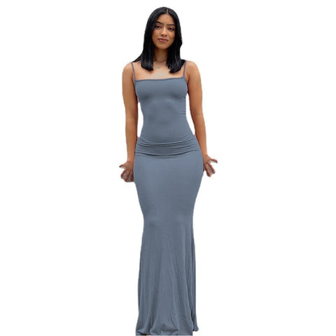 2022 New Summer Spaghetti Strap Black Skims Long Dress Women Sleeveless Solid Skinny Bodycon Trumpet Maxi Dresses Sexy Vestidos