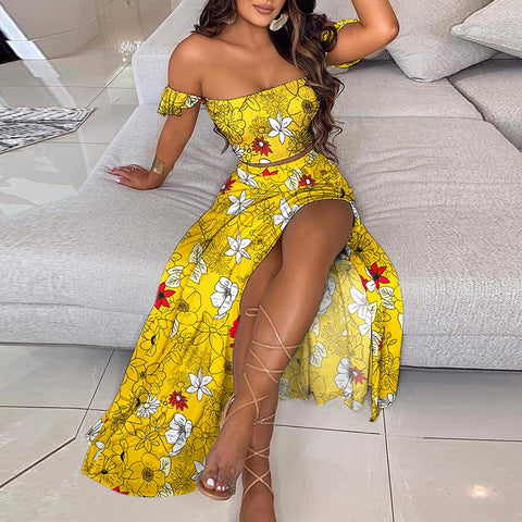 Summer New Women Sexy Slim Two Piece Set Off Shoulder Split Floral Print Crop Tops And Long Skirt Suit Lady Elegant 2 Piece Sets