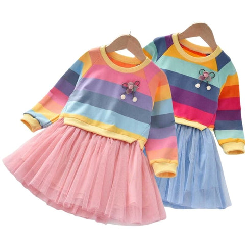 Baby Girls Dress Princess Autumn Sweater Fleece Gauze Tutu Dresses Children Clothing Long Sleeve Rainbow Stripes Dress For Girls