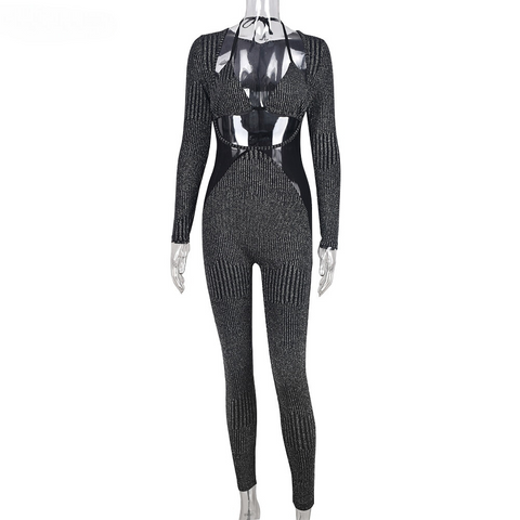 XIKTOP Nylon Jumpsuits Set Woman 2 Pieces Sexy Lacing Up Chest Wrap Crop Top+Hollow Out   Striped Jumpsuit Party Club Outfits