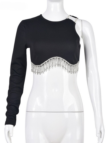 XIKTOP One-shoulder Chains Crop Top Women Autumn Sexy O-Neck Stretchy Y2K Clothes Solid All-Matching Slim Corset Top Streetwear