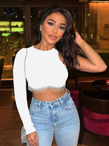 XIKTOP One-shoulder Chains Crop Top Women Autumn Sexy O-Neck Stretchy Y2K Clothes Solid All-Matching Slim Corset Top Streetwear