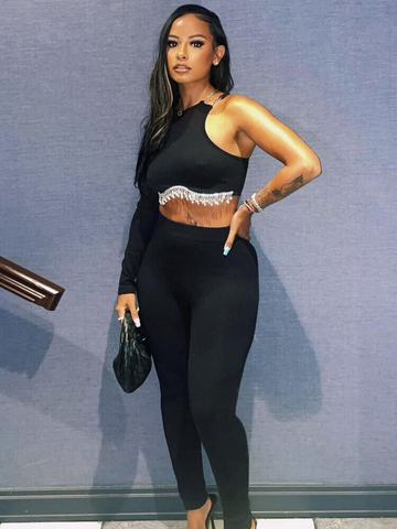XIKTOP One-shoulder Chains Crop Top Women Autumn Sexy O-Neck Stretchy Y2K Clothes Solid All-Matching Slim Corset Top Streetwear
