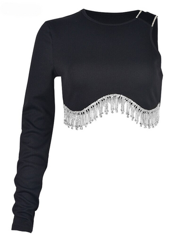 XIKTOP One-shoulder Chains Crop Top Women Autumn Sexy O-Neck Stretchy Y2K Clothes Solid All-Matching Slim Corset Top Streetwear