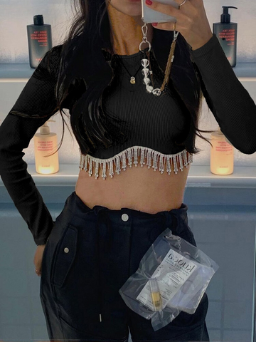 XIKTOP Ribbed Solid Chains Crop Top Women Autumn Sexy Skinny O-Neck Y2K Clothes Fashion Long Sleeve Top All-Matching Streetwear