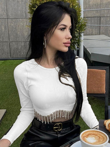 XIKTOP Ribbed Solid Chains Crop Top Women Autumn Sexy Skinny O-Neck Y2K Clothes Fashion Long Sleeve Top All-Matching Streetwear