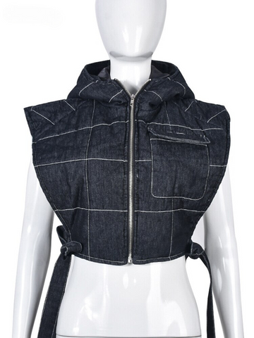 XIKTOP Denim Cropped Jacket Women Spring 2023 Fashion Quilted Lace-Up Hooded Y2K Clothes Casual Zipper Sleeveless Jackets Street