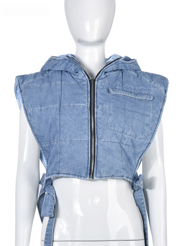 XIKTOP Denim Cropped Jacket Women Spring 2023 Fashion Quilted Lace-Up Hooded Y2K Clothes Casual Zipper Sleeveless Jackets Street
