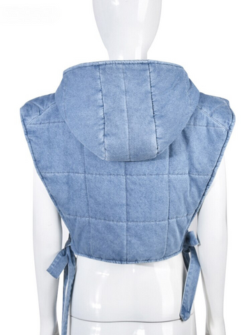 XIKTOP Denim Cropped Jacket Women Spring 2023 Fashion Quilted Lace-Up Hooded Y2K Clothes Casual Zipper Sleeveless Jackets Street