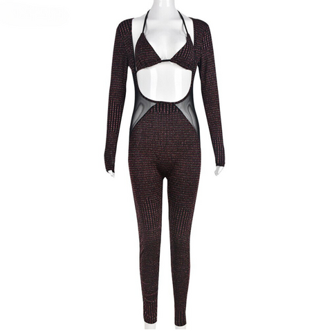 XIKTOP Nylon Jumpsuits Set Woman 2 Pieces Sexy Lacing Up Chest Wrap Crop Top+Hollow Out   Striped Jumpsuit Party Club Outfits