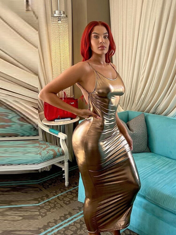 XIKTOP Spaghetti Strap Slim Dress Women Summer Sexy Backless Sleeveless Robe Stylish Metallic Color Night Club Dresses Partywear