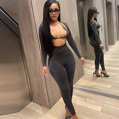 XIKTOP Nylon Jumpsuits Set Woman 2 Pieces Sexy Lacing Up Chest Wrap Crop Top+Hollow Out   Striped Jumpsuit Party Club Outfits