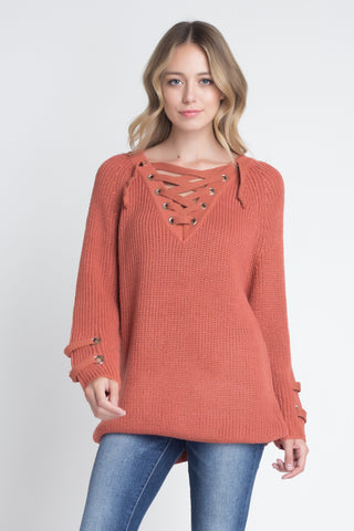 Women's Criss Cross Lace Up Loose Knitting Sweater