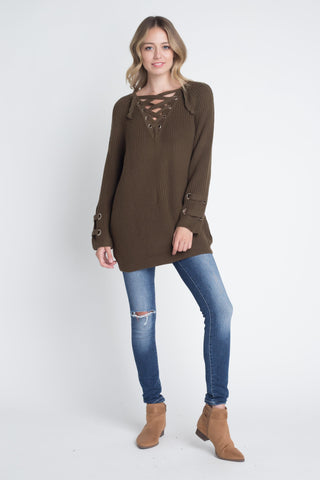 Women's Criss Cross Lace Up Loose Knitting Sweater