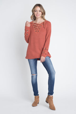 Women's Criss Cross Lace Up Loose Knitting Sweater