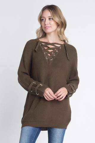 Women's Criss Cross Lace Up Loose Knitting Sweater