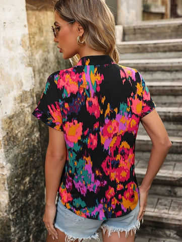 Printed Notched Neck Short Sleeve Blouse