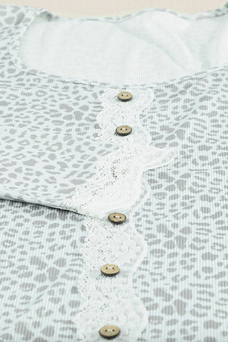Leopard Buttoned Lace Trim Round Neck Top