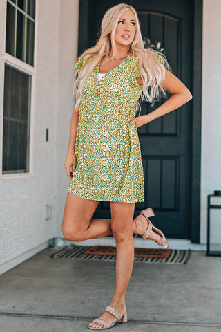 Ruffled Printed V-Neck Cap Sleeve Dress