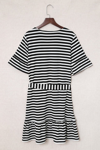 Striped Tie-Waist Frill Trim V-Neck Dress