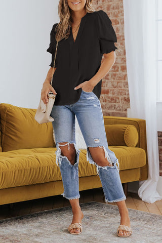 Smocked Flounce Sleeve Notched Neck Blouse