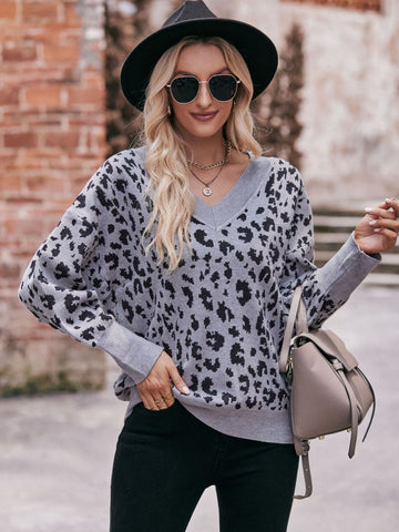 Double Take Leopard V-Neck Dropped Shoulder Top