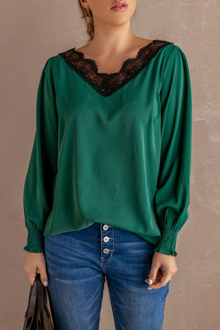 Lace Trim Lantern Sleeve Blouse