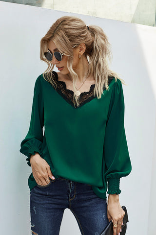 Lace Trim Lantern Sleeve Blouse