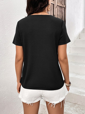 Lace Trim Contrast Waffle-Knit Top