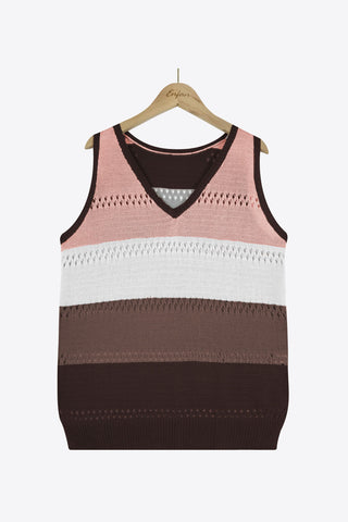 Striped Openwork V-Neck Knit Tank