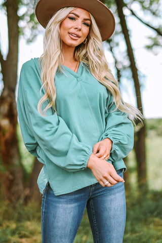 Notched Neck Balloon Sleeve Blouse