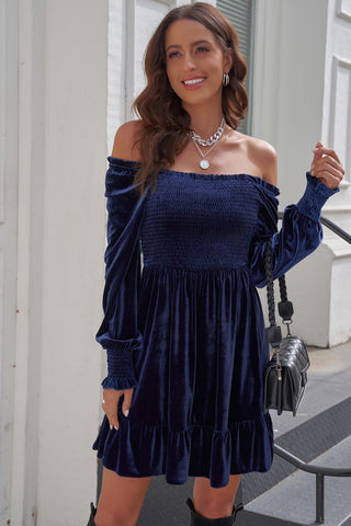 Off-Shoulder Smocked Ruffle Hem Dress