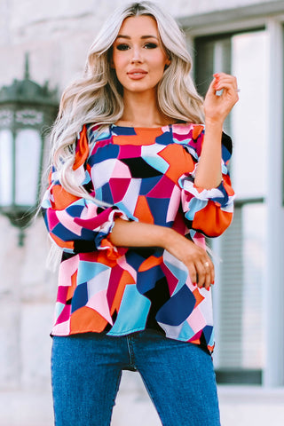 Geometric Flounce Sleeve Blouse