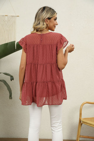 Swiss Dot Round Neck Tiered Blouse