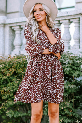 Printed Balloon Sleeve V-Neck Dress