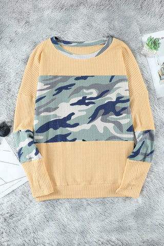 Camouflage Color Block Waffle Knit Pullover
